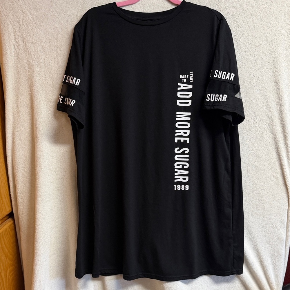 SHEIN Black Short Sleeve Tee with Vertical "Add More Sugar" Print